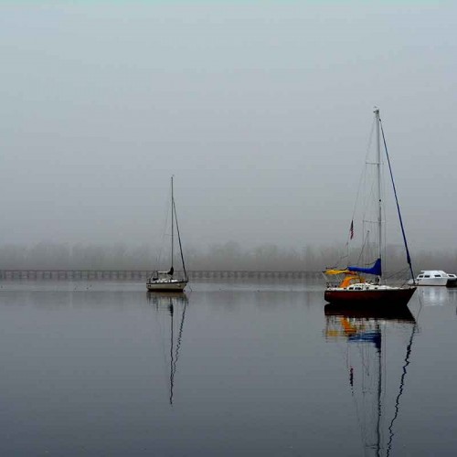 Silent sailboats gather in downtown Washington at the waterfront one early morning in the fall. I just love the vibrancy of the blue and yellow sails in contrast with the fogginess. —Eugene Kibby, Washington, Tideland EMC