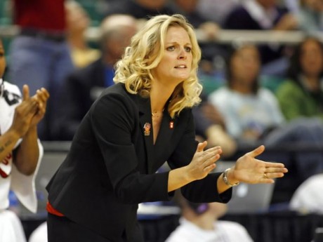 On the N.C. State basketball court, coach Kellie Harper insists that each player be responsible for bettering the team. Photo credit: NCSU Media Relations