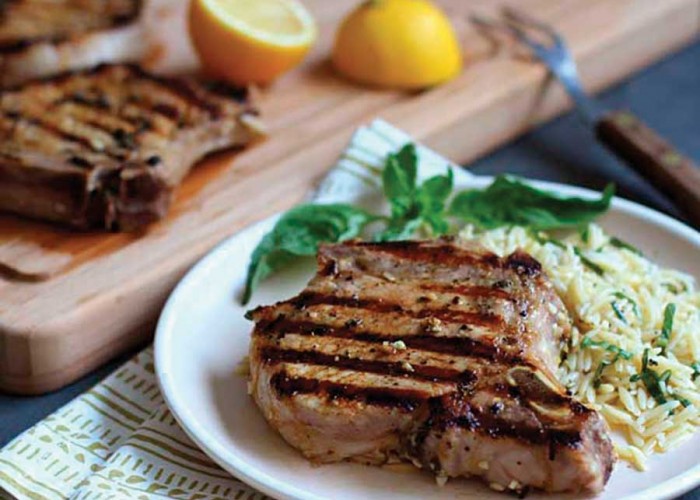 Grilled Lemon-Basil Pork Chops with Orzo