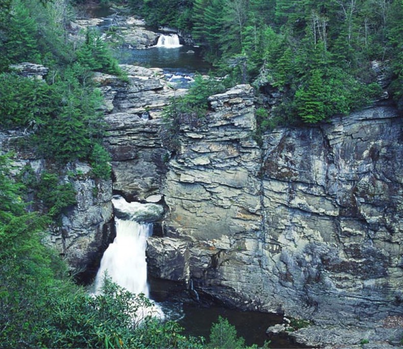 Tumbling cascades of water, rugged cliffs and virgin forests draw outdoor enthusiasts to the Linville Falls Recreation Area. 