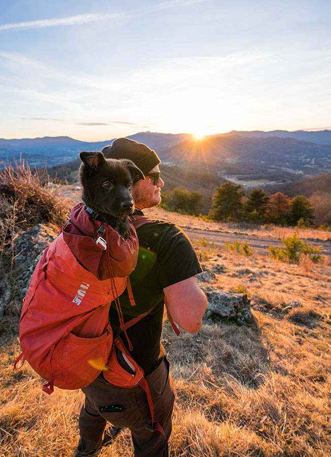 Puppy in Man's Backpack at Chambers Mountain Vertical